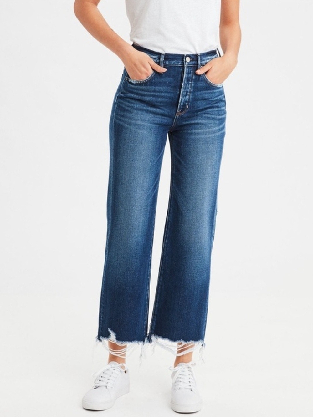 American Eagle Wide Leg Crop Jeans Dark Wash Women's 18 Distressed Button Fly